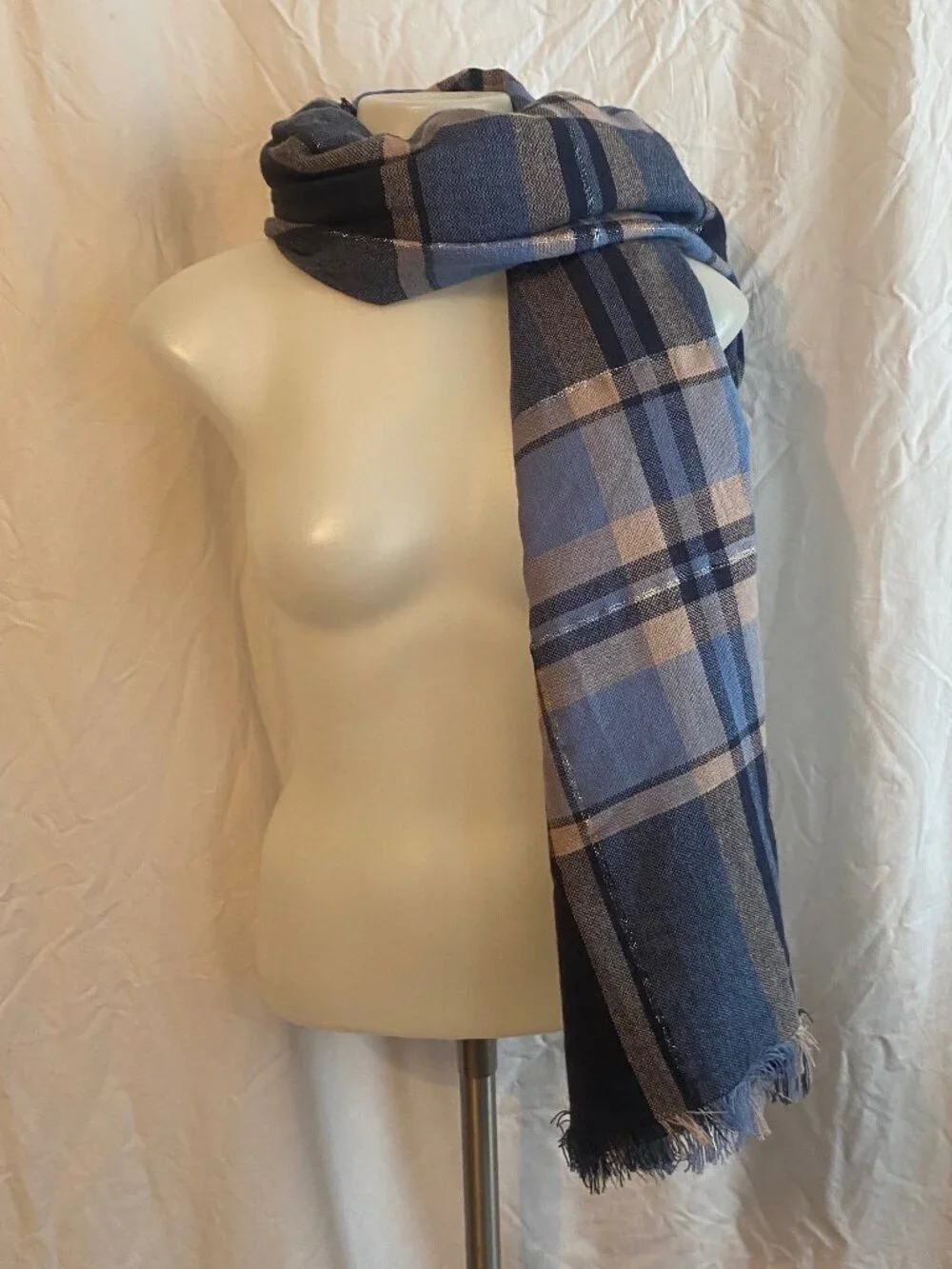 Blue Navy Classic Oversized Plaid Fringe Scarf Wrap